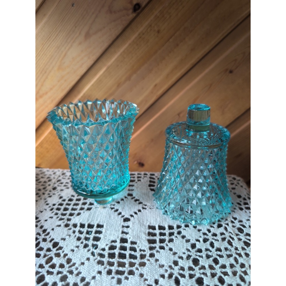 Homco Blue Glass Diamond Cup Peg Candle Sconce Votive Tea Light Holder Set Of 2